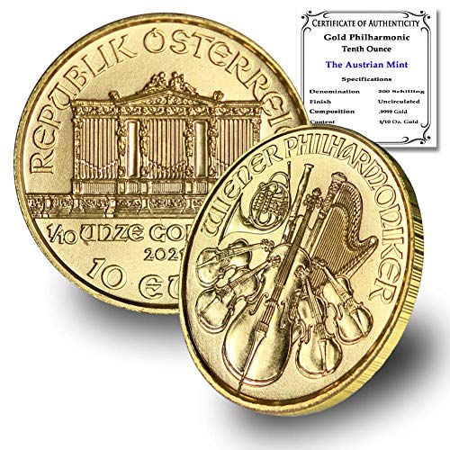Златна филармоническая монета от 2021 година с тегло от 1/10 унция, Брилянт, без да се прибягва, 10 евро със сертификат за автентичност