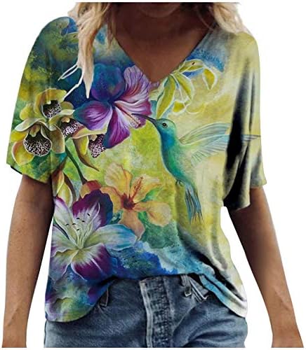 uikmnh Teen Girl Tees, Тениска с Цветен Модел, Елегантни и Ежедневни Памучен Годишна Сладка Тениска с V-образно деколте И Къс ръкав