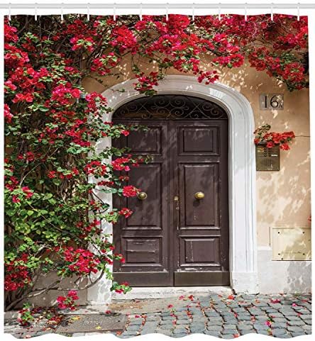 Марокански Завеса за душ Ambesonne, Стара Дървена врата, Заобиколен от цветя, Европейският Средновековен вход, Италия, Текстилен