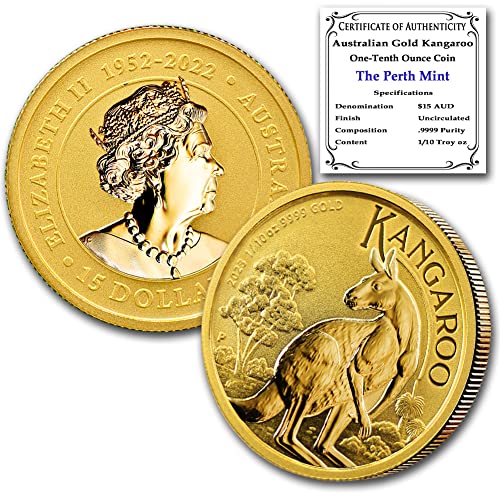 2023 АС 1/10 унция Австралийска златна монета под формата на кенгуру, Брилянт, без лечение (в капсули), със сертификат за автентичността