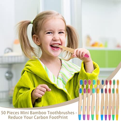 Yinkin на Едро от 50 бр Детски Бамбукови Четки за Зъби с Мек Косъм, Естествена четка за Зъби за Деца с Цветни Дръжки, Безопасни