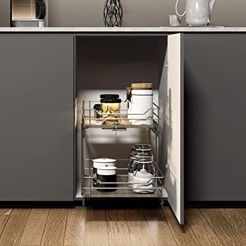 Органайзер за кухненски шкаф Home Zone Living, с две нива на съхранение, 15 W x 20Г, Матиран Никел, със светло кафява тапицерия,