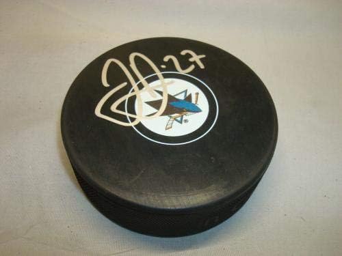 Джонас Дон подписа Хокей шайба Сан Хосе Шаркс с автограф на PSA/DNA COA 1A - за Миене на НХЛ с автограф