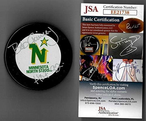 Боб Гейни подписа шайбата Минесота Норт Старс, Аутентифицированную JSA COA - за Миене на НХЛ с автограф