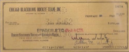 Бекет Бил Уилям У. Вирц и Джони Готтселиг подписа чек Хоукс, 1962, №5478 - Подпис за отстраняване в НХЛ