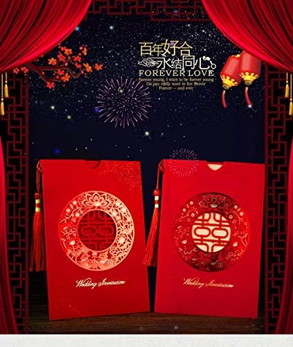 wishforyou 100x Китайската Двоен Пискюл Щастие Червена Лазерно Рязане Покани картички за Сватба С лентови вериги Шипом, Пликове