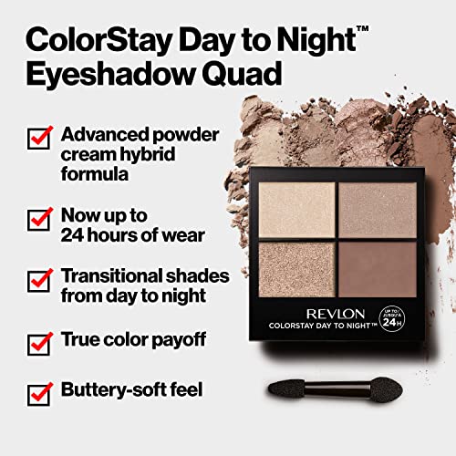 Revlon ColorStay Day to Night Eyeshadow Quad, Палитра сенки за продължително действие с преходни цветове и мазна и мекота на допир, устойчиви на образуване на гънки и петна, 560 стилни, 0,1