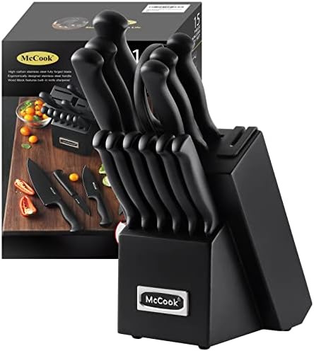McCook MC21B 15 Комплекти ножевых блокове от неръждаема стомана с вградена острилка ви + дъска за Рязане Бамбук MCW12 (голяма, 17