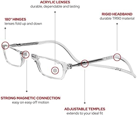 Магнитни очила за четене Clic, Компютърни Ридеры, Сменяеми лещи, Регулируеми лък тел, Оригинални, (S-M, Прозрачни, Увеличаване на