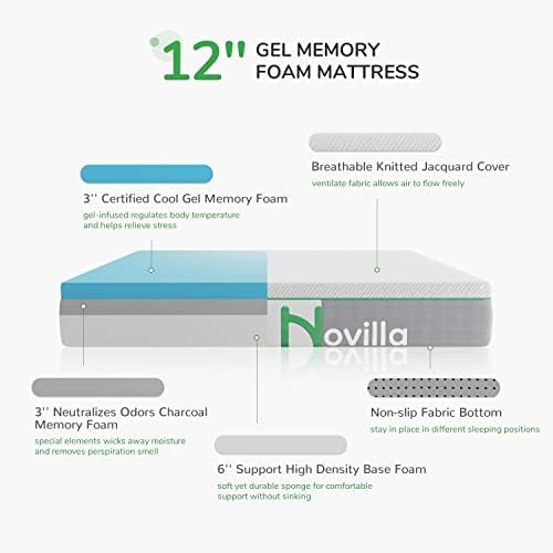 Матрак Novilla Queen Size, 12-Инчов Гелевый матрак с ефект на памет на Queen за охлаждане на сън и облекчаване на натиска, Средно