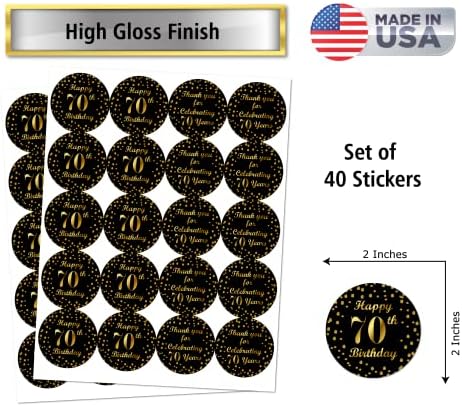 2-ри кръг-цолови лъскавите етикети на 70-ия рожден ден, черна със златни стикери Благодаря за честване на 70-годишнината, напълно