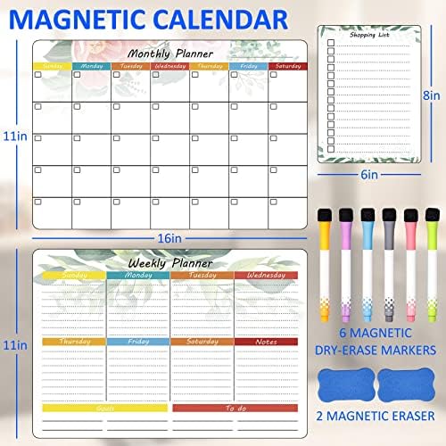 Магнитен Календар, сухо изтриване (Комплект от 3) -за многократна употреба Магнитен Календар за хладилник 16x11 Месечен и Седмичен
