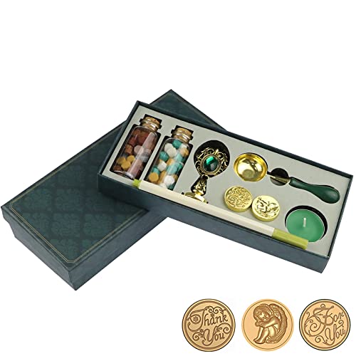 Комплект печати с восъчен печат Knchy с Подарък предавателна кутия, Комплект сургуча с Мъниста за Восъчен печат, 3 Месингови глави