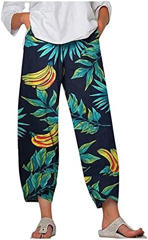 MGBD Широки Скъсяване на Панталони Женски Цветни Ленени Ежедневни Модни Тропически Леки Летни Плажни Панталони в стил Бохо Размер