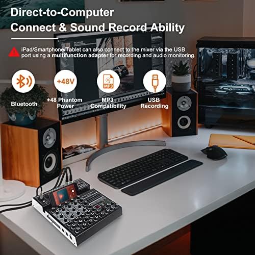 Професионален диджейский аудиомикшер, аудио миксер Phenyx Pro, 6-Канален аудио Миксер с интерфейс Bluetooth и USB, Стереоэквалайзер,